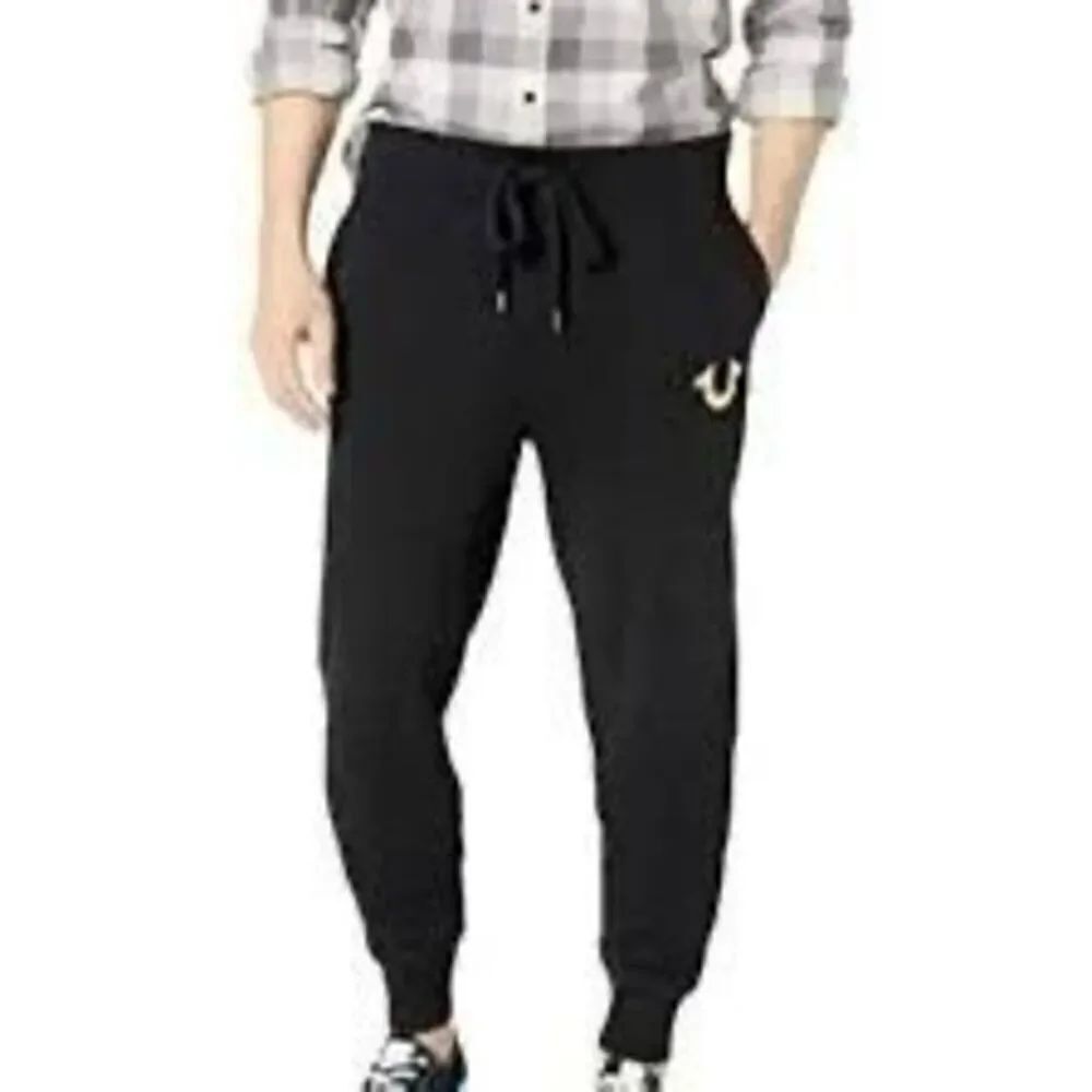 True Religion Black Gold Logo Drawstring Cotton Tapered Cuff Sweatpants Large